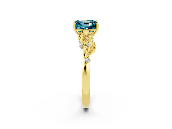 Yellow gold Princess Cut Blue Topaz Solitaire Ring with Leaf Motif Band and Four-Prong Setting