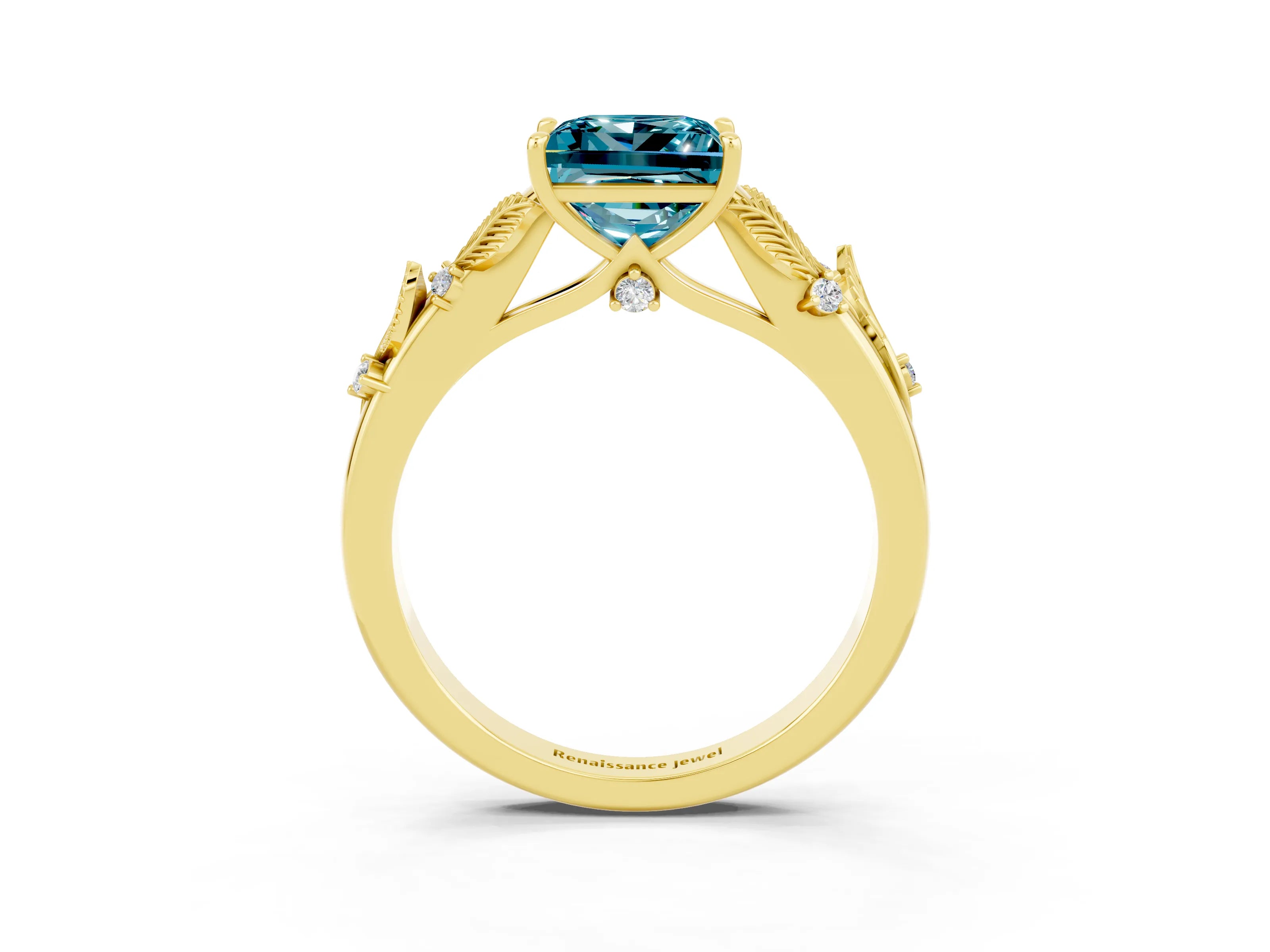 Yellow gold Princess Cut Blue Topaz Solitaire Ring with Leaf Motif Band and Four-Prong Setting_3