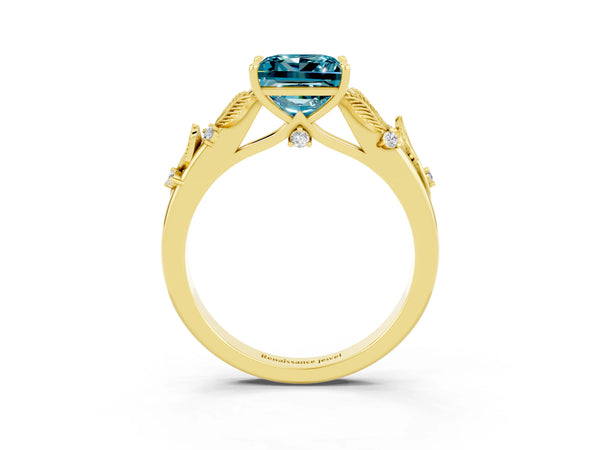 Yellow gold Princess Cut Blue Topaz Solitaire Ring with Leaf Motif Band and Four-Prong Setting