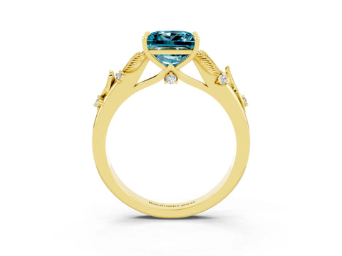 Yellow gold Princess Cut Blue Topaz Solitaire Ring with Leaf Motif Band and Four-Prong Setting_3