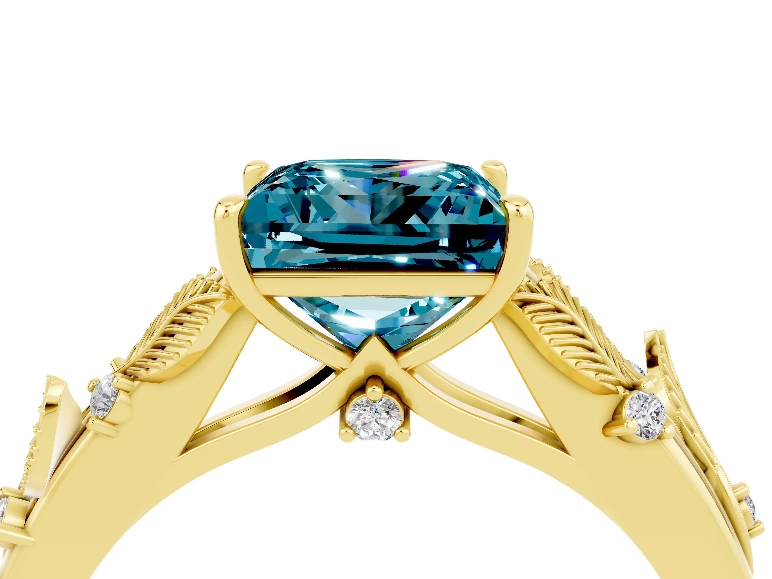 Yellow gold Princess Cut Blue Topaz Solitaire Ring with Leaf Motif Band and Four-Prong Setting_4