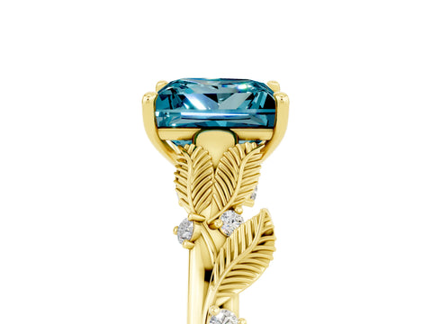 Yellow gold Princess Cut Blue Topaz Solitaire Ring with Leaf Motif Band and Four-Prong Setting_5