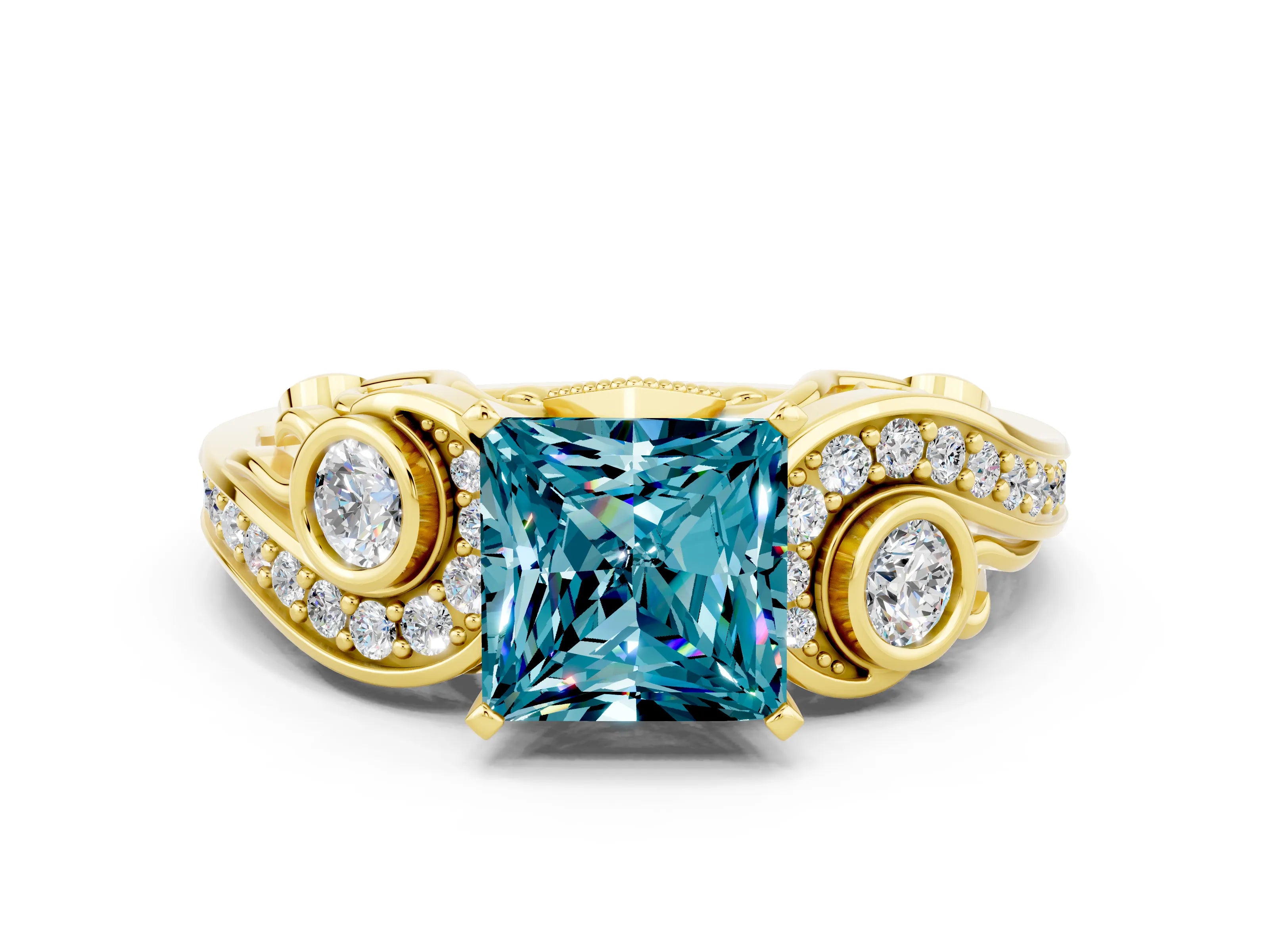 Yellow gold Princess Cut Blue Topaz Solitaire Ring with Milgrain Pavé Band and Four-Prong Setting_24