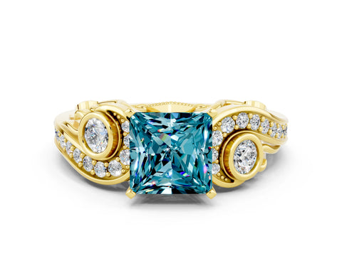 Yellow gold Princess Cut Blue Topaz Solitaire Ring with Milgrain Pavé Band and Four-Prong Setting_24