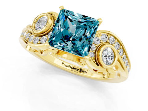 Yellow gold Princess Cut Blue Topaz Solitaire Ring with Milgrain Pavé Band and Four-Prong Setting_25