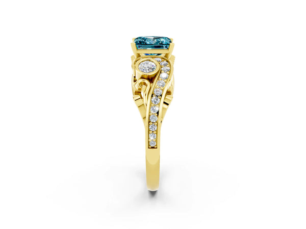 Yellow gold Princess Cut Blue Topaz Solitaire Ring with Milgrain Pavé Band and Four-Prong Setting