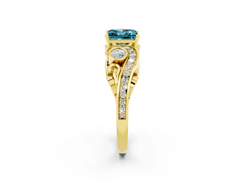 Yellow gold Princess Cut Blue Topaz Solitaire Ring with Milgrain Pavé Band and Four-Prong Setting_26