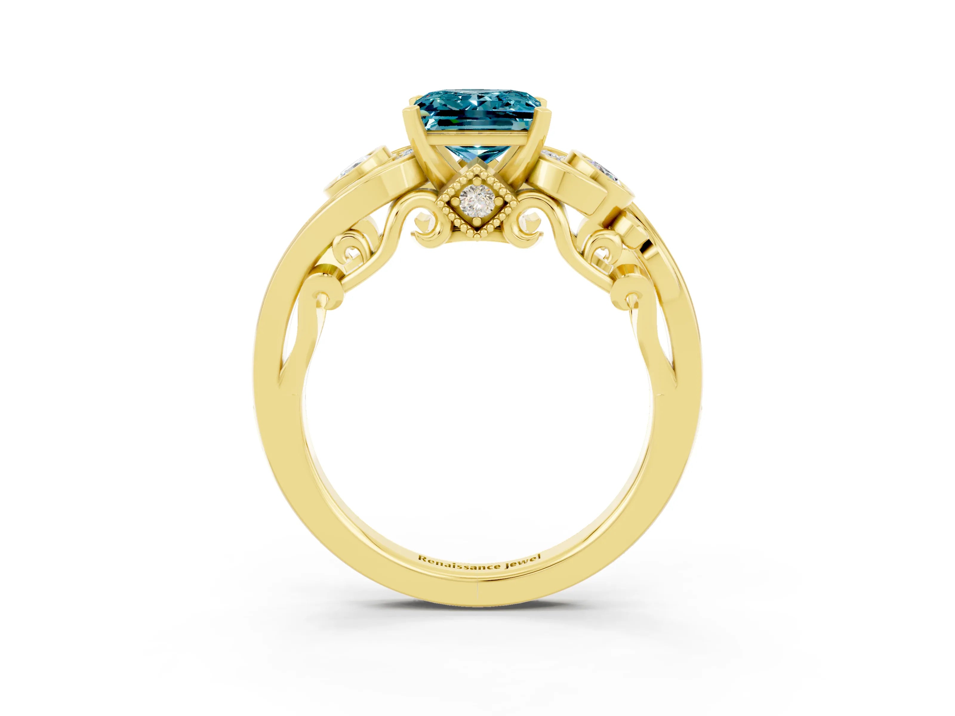 Yellow gold Princess Cut Blue Topaz Solitaire Ring with Milgrain Pavé Band and Four-Prong Setting_27