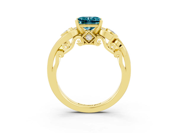 Yellow gold Princess Cut Blue Topaz Solitaire Ring with Milgrain Pavé Band and Four-Prong Setting