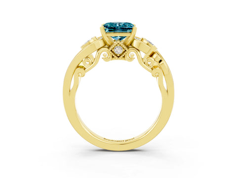 Yellow gold Princess Cut Blue Topaz Solitaire Ring with Milgrain Pavé Band and Four-Prong Setting_27