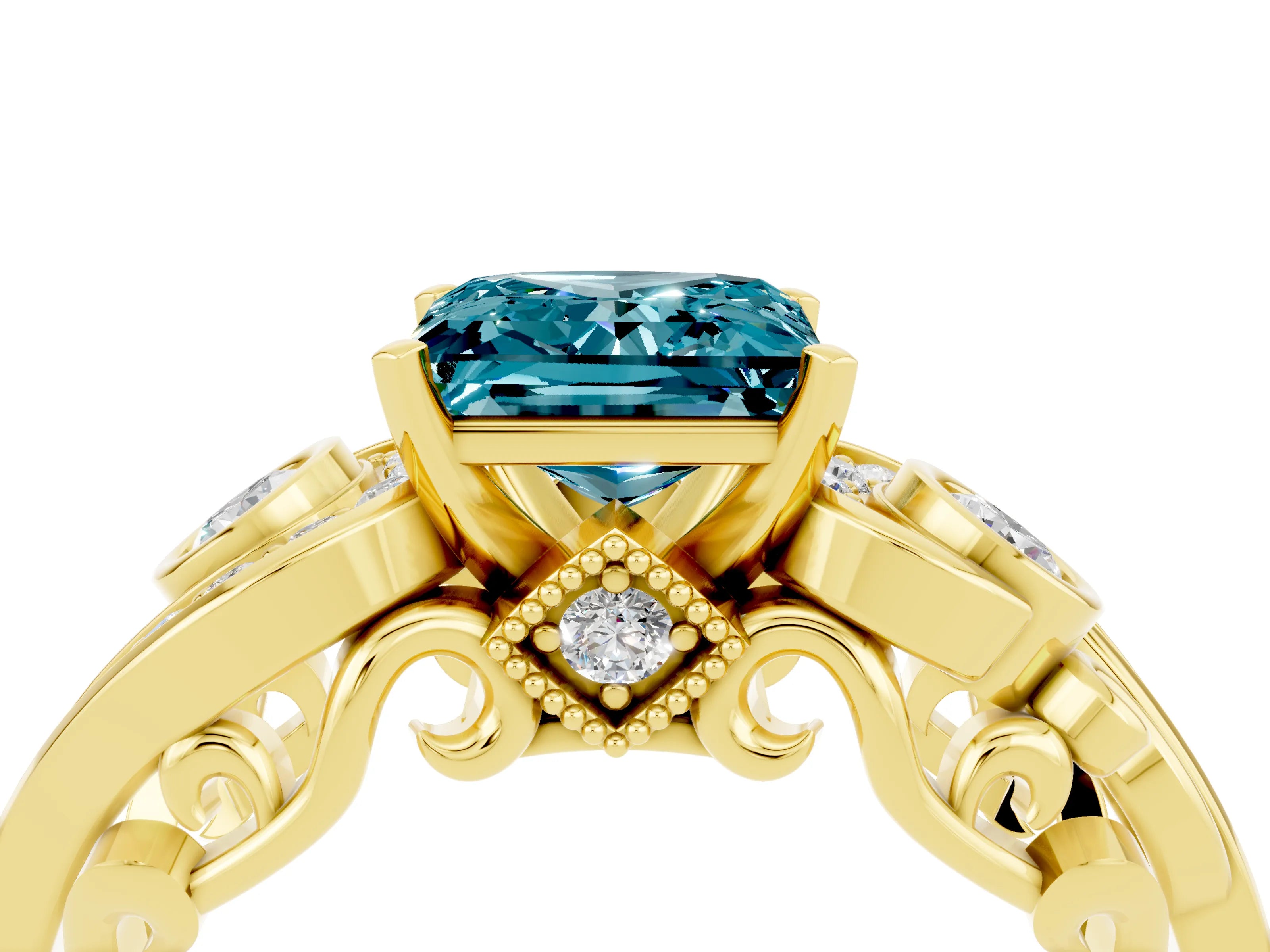 Yellow gold Princess Cut Blue Topaz Solitaire Ring with Milgrain Pavé Band and Four-Prong Setting_28
