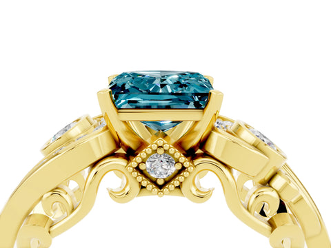 Yellow gold Princess Cut Blue Topaz Solitaire Ring with Milgrain Pavé Band and Four-Prong Setting_28