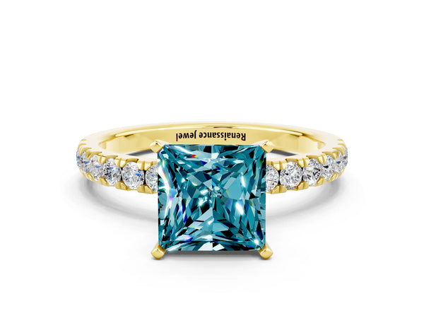 Yellow gold Princess Cut Blue Topaz Solitaire Ring with Pavé Accents and Four-Prong Setting
