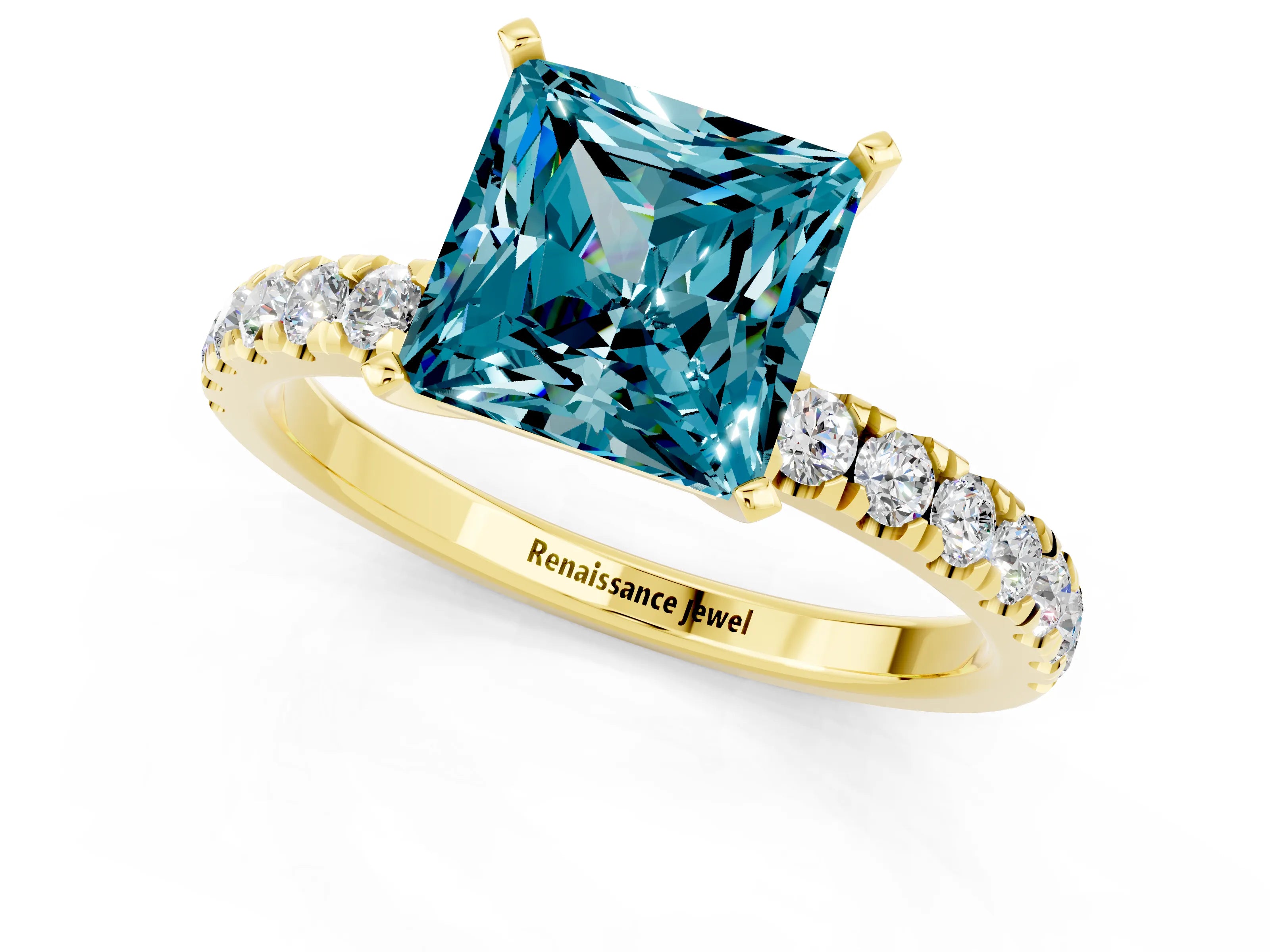 Yellow gold Princess Cut Blue Topaz Solitaire Ring with Pavé Accents and Four-Prong Setting_1