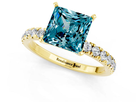 Yellow gold Princess Cut Blue Topaz Solitaire Ring with Pavé Accents and Four-Prong Setting_1