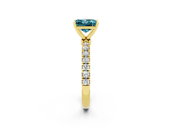 Yellow gold Princess Cut Blue Topaz Solitaire Ring with Pavé Accents and Four-Prong Setting