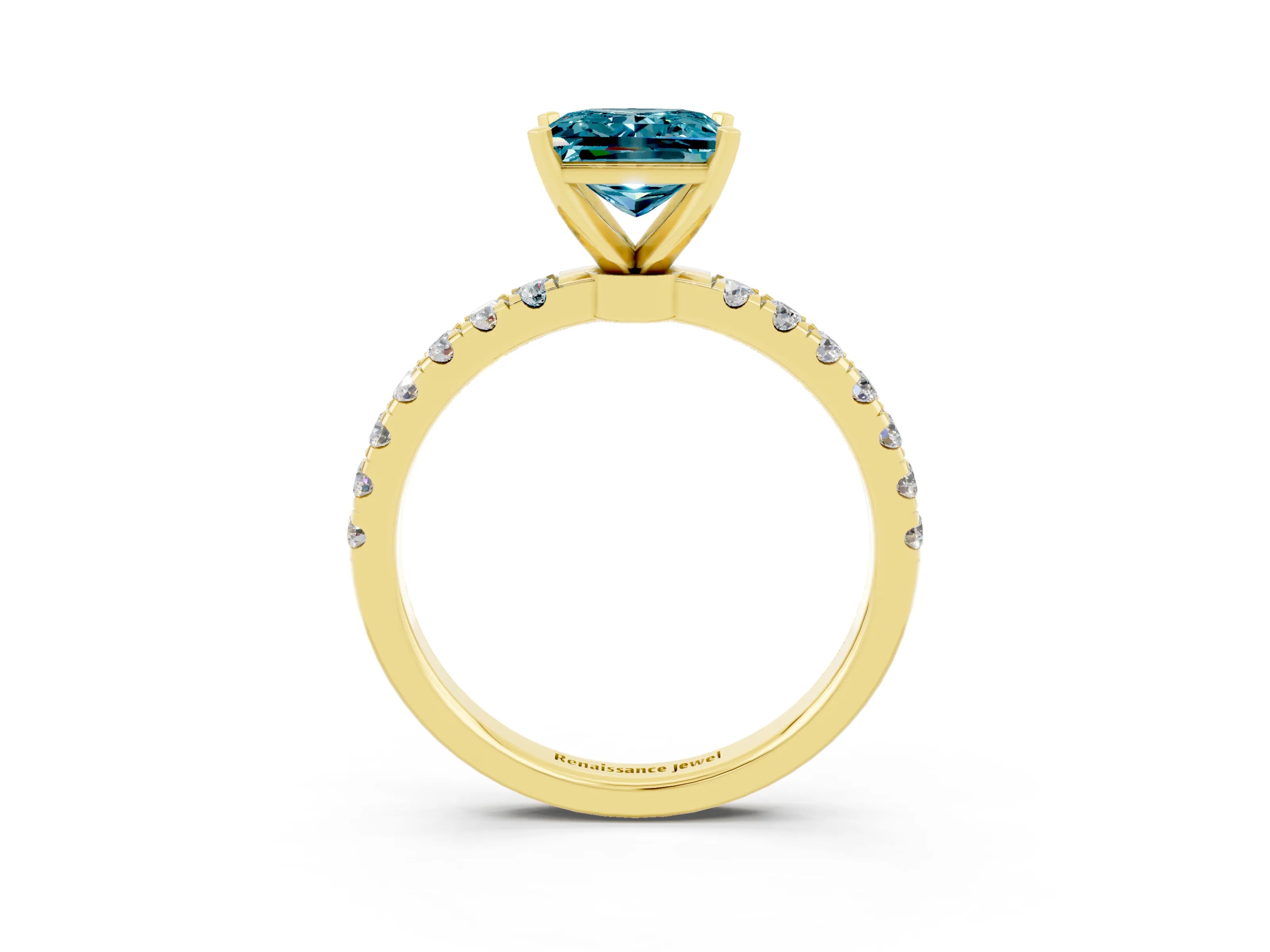 Yellow gold Princess Cut Blue Topaz Solitaire Ring with Pavé Accents and Four-Prong Setting_3