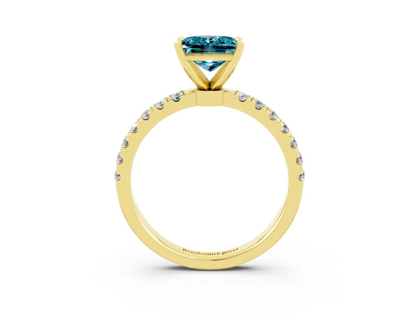 Yellow gold Princess Cut Blue Topaz Solitaire Ring with Pavé Accents and Four-Prong Setting