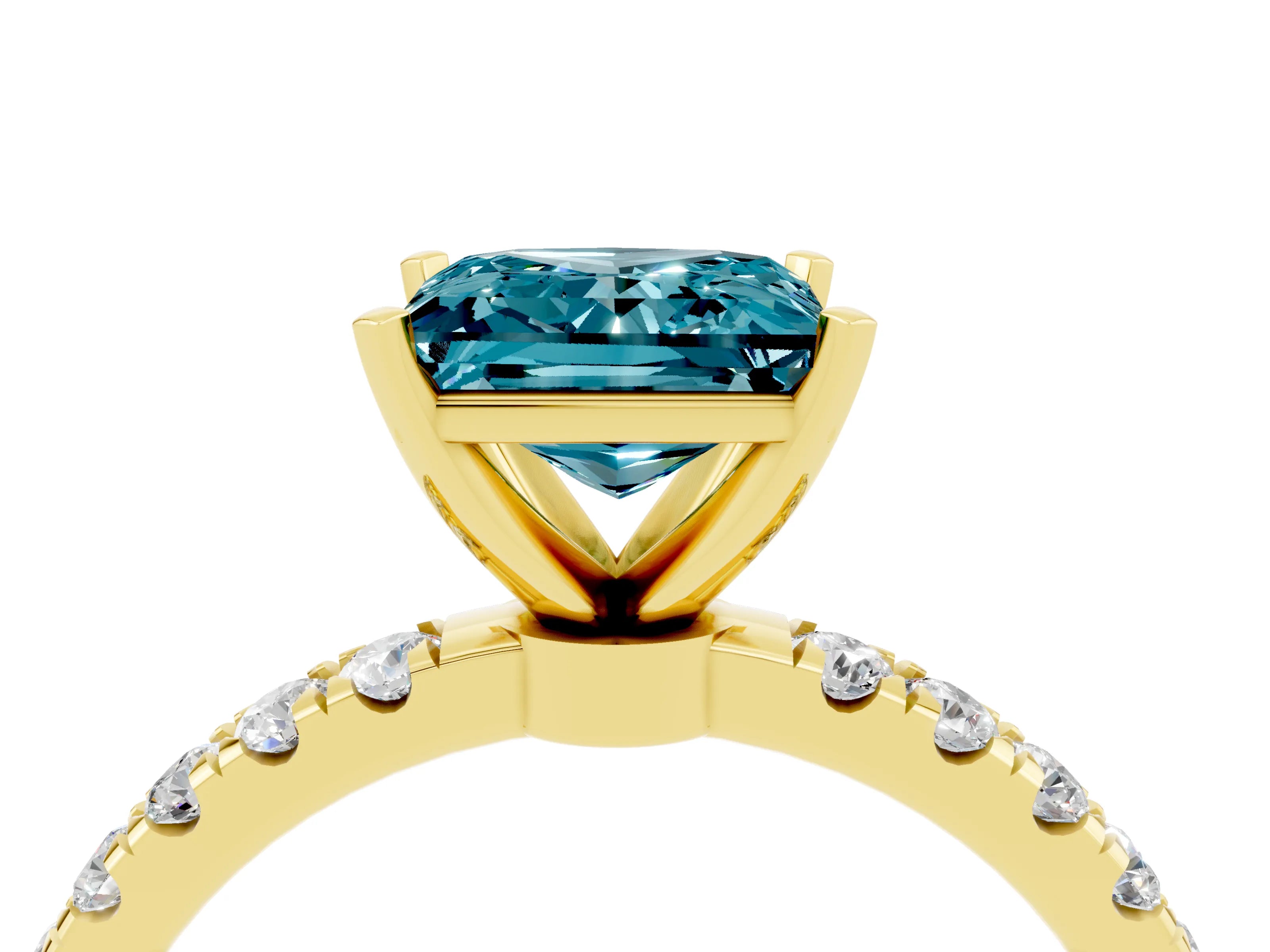 Yellow gold Princess Cut Blue Topaz Solitaire Ring with Pavé Accents and Four-Prong Setting_4
