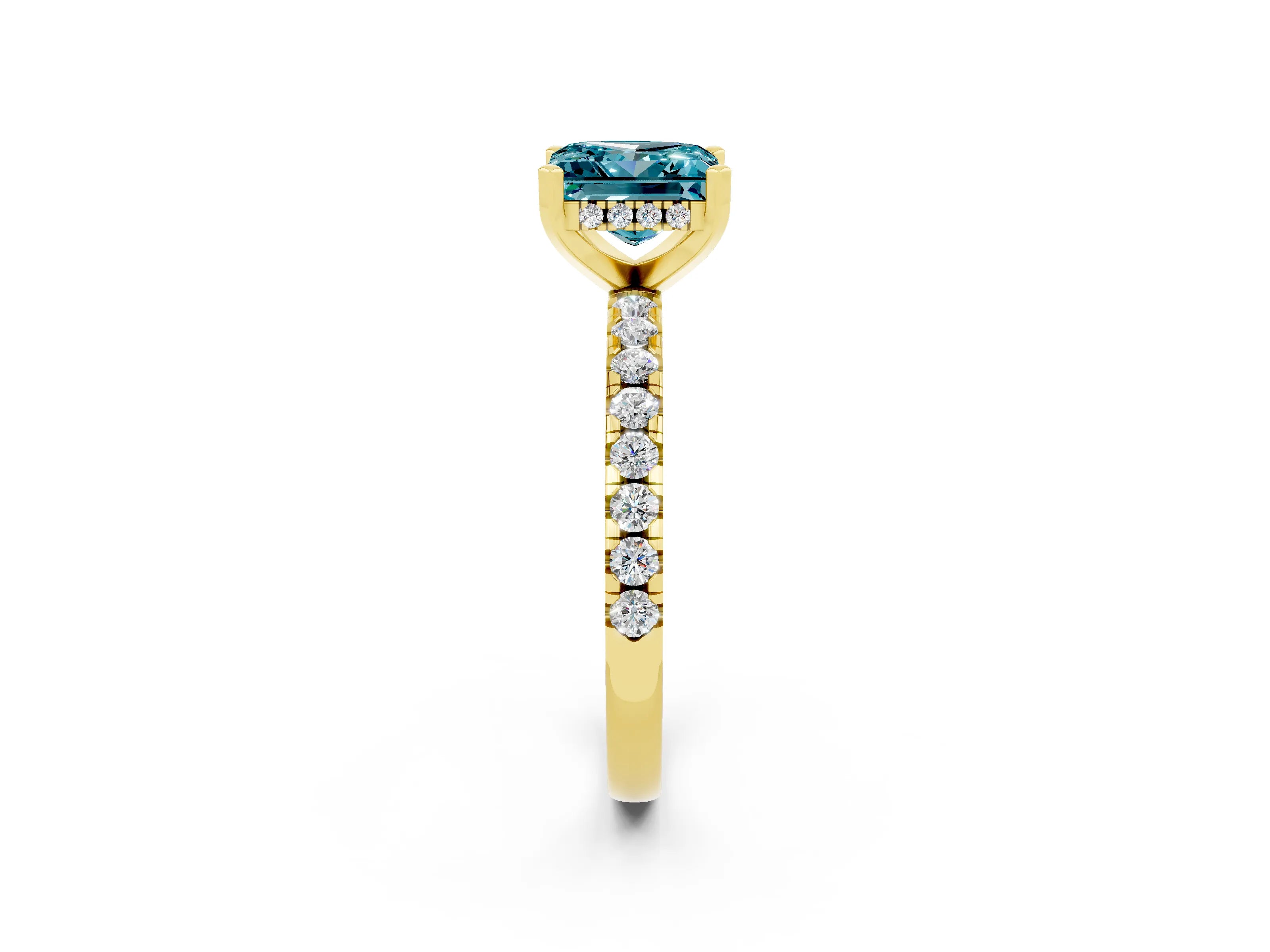 Yellow gold Princess Cut Blue Topaz Solitaire Ring with Pavé Band and Four-Prong Setting_38