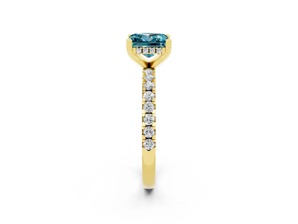 Yellow gold Princess Cut Blue Topaz Solitaire Ring with Round  Pavé Band and Four-Prong Setting