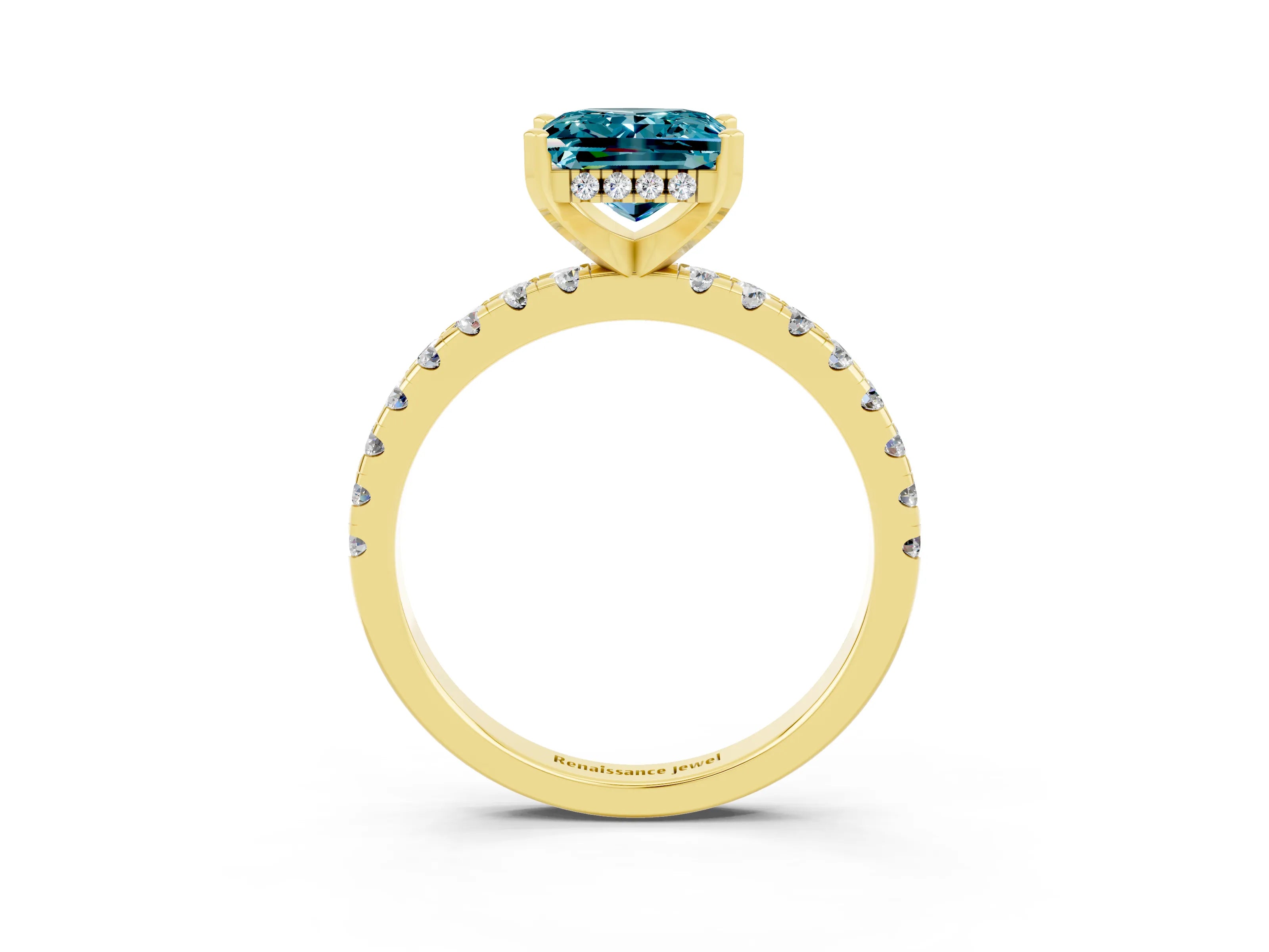 Yellow gold Princess Cut Blue Topaz Solitaire Ring with Pavé Band and Four-Prong Setting_39