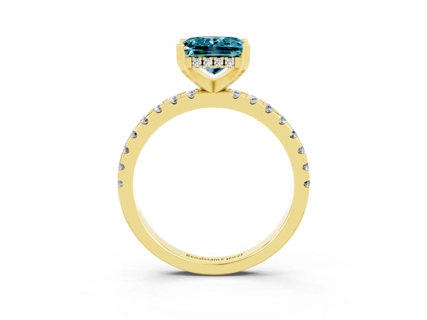 Yellow gold Princess Cut Blue Topaz Solitaire Ring with Round  Pavé Band and Four-Prong Setting