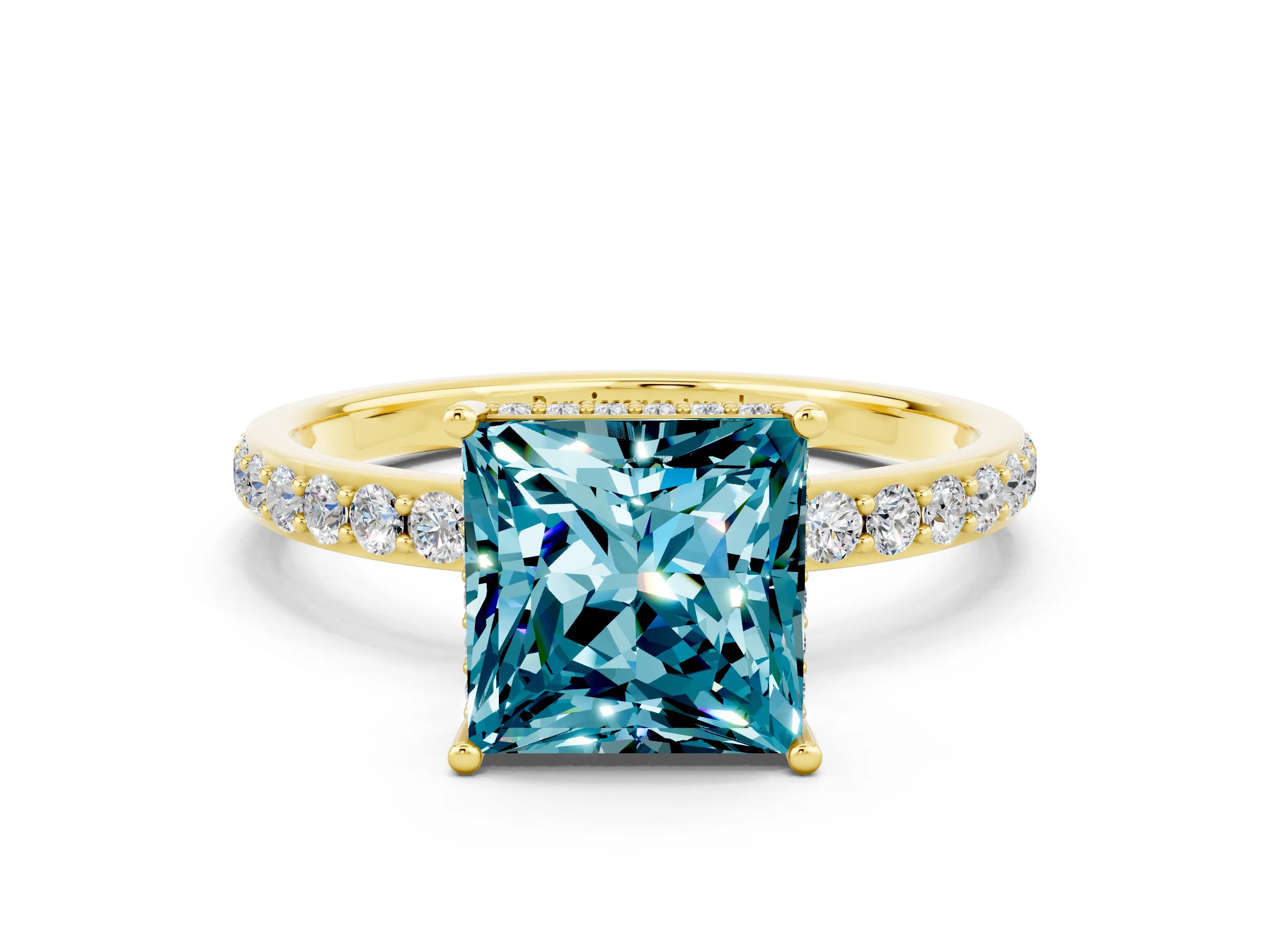 Yellow gold Princess Cut Blue Topaz Solitaire Ring with Pavé Band and Hidden Halo_12