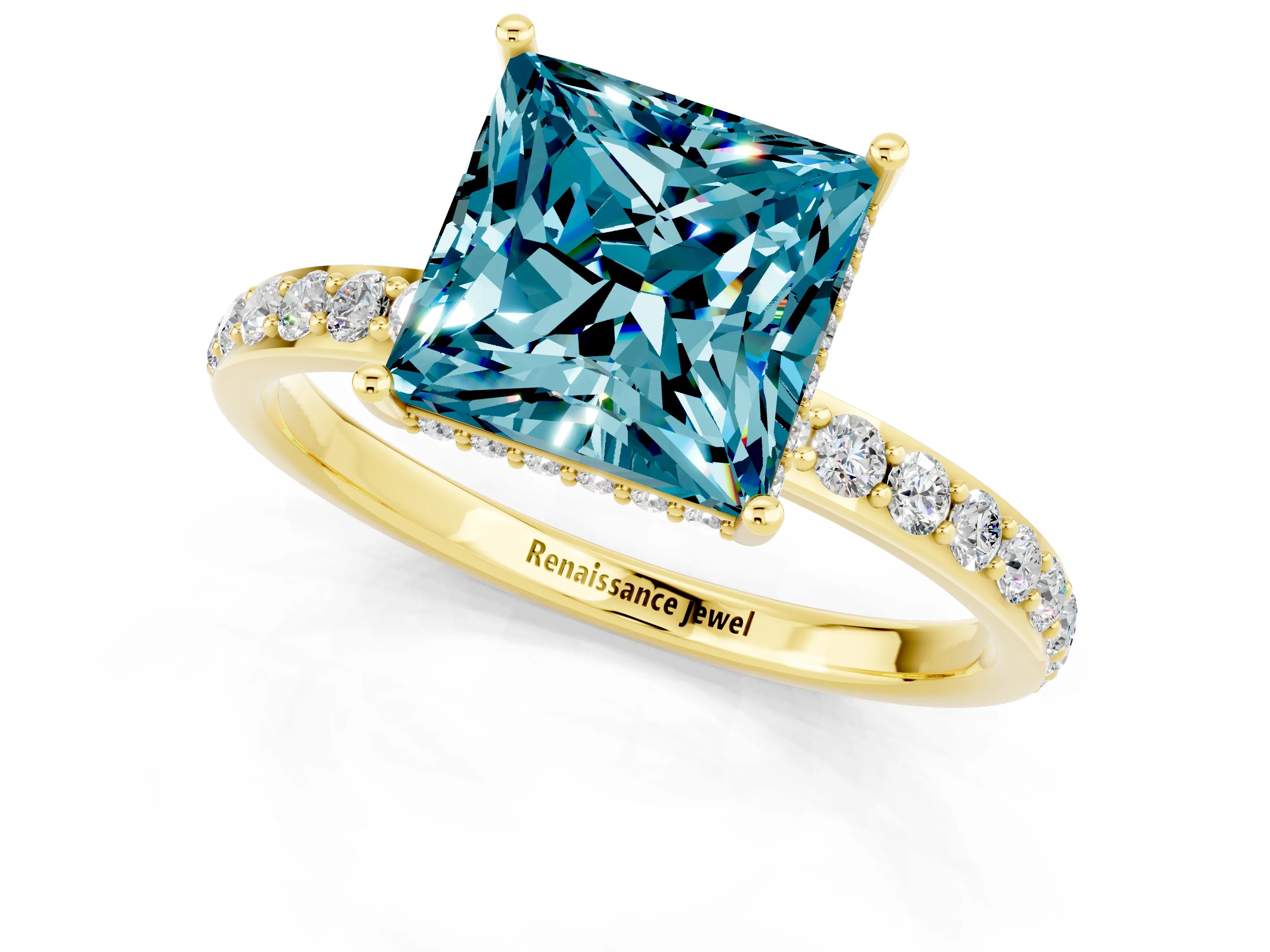 Yellow gold Princess Cut Blue Topaz Solitaire Ring with Pavé Band and Hidden Halo_13