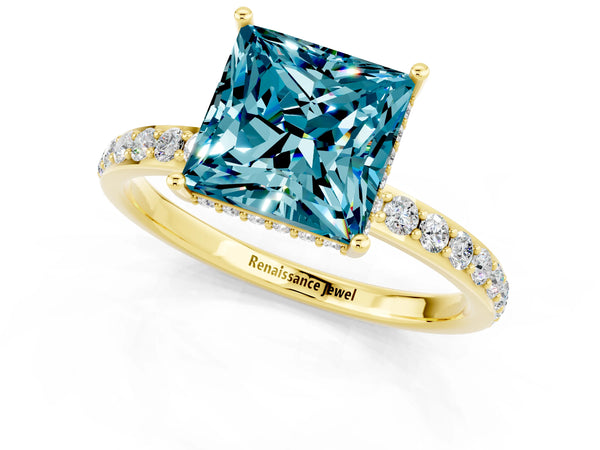 Yellow gold Princess Cut Blue Topaz Solitaire Ring with Pavé Band and Hidden Halo