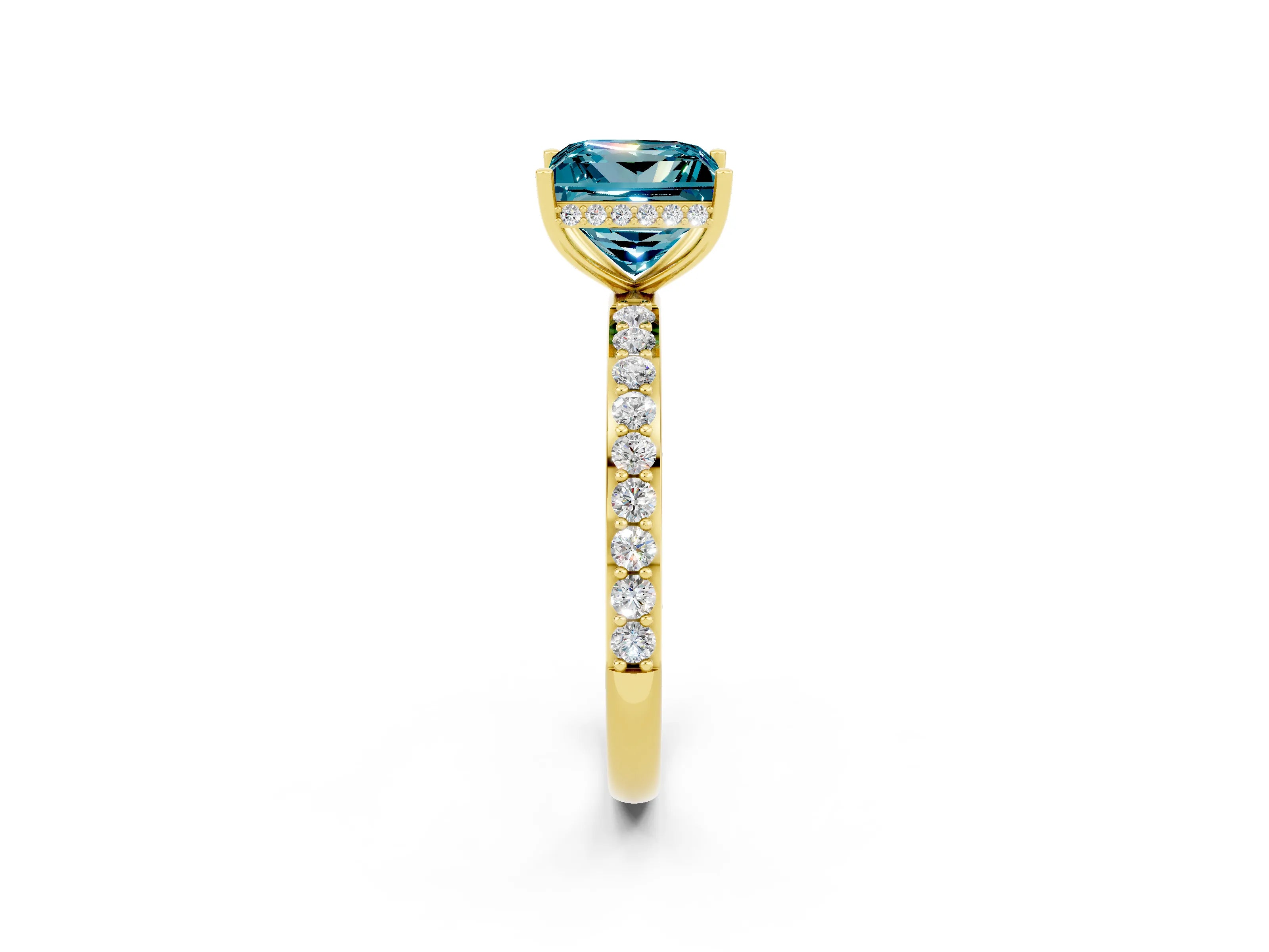 Yellow gold Princess Cut Blue Topaz Solitaire Ring with Pavé Band and Hidden Halo_14
