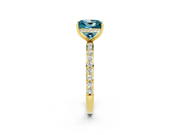 Yellow gold Princess Cut Blue Topaz Solitaire Ring with Pavé Band and Hidden Halo