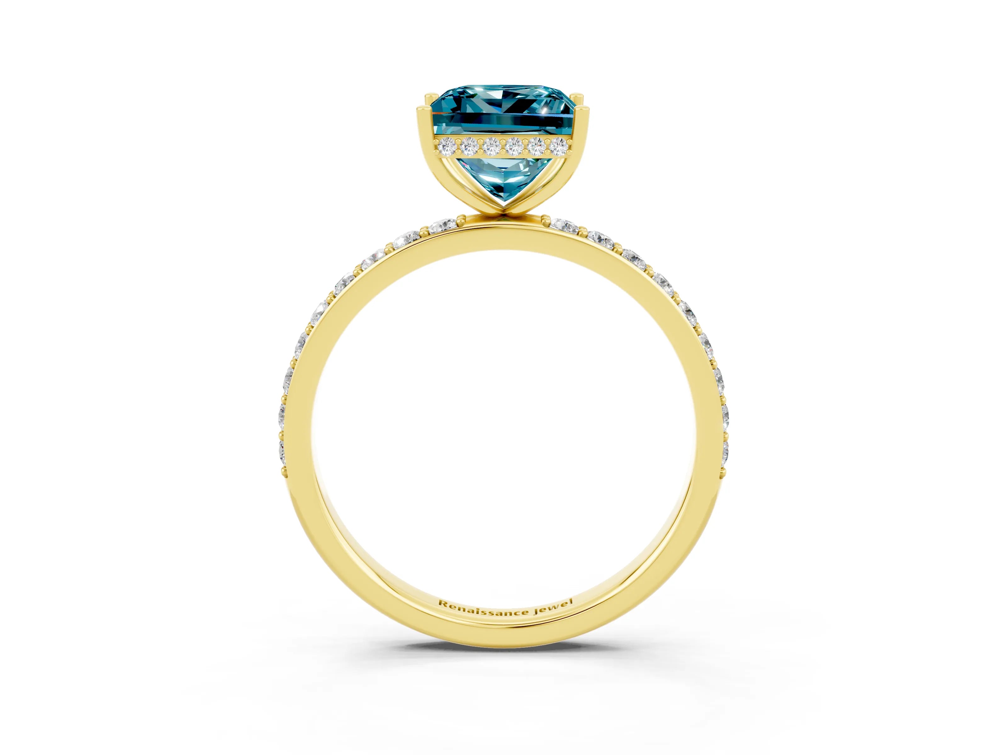 Yellow gold Princess Cut Blue Topaz Solitaire Ring with Pavé Band and Hidden Halo_15