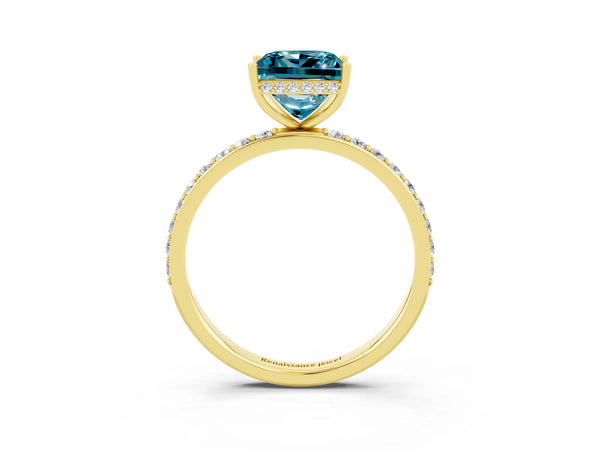 Yellow gold Princess Cut Blue Topaz Solitaire Ring with Pavé Band and Hidden Halo