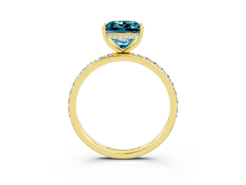Yellow gold Princess Cut Blue Topaz Solitaire Ring with Pavé Band and Hidden Halo_15