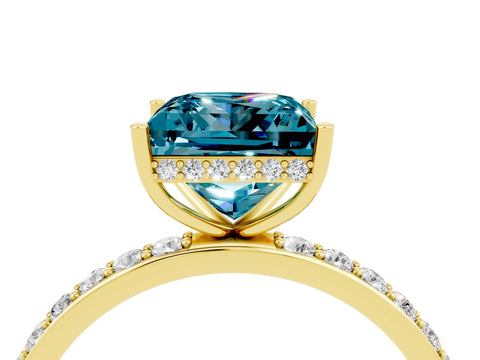 Yellow gold Princess Cut Blue Topaz Solitaire Ring with Pavé Band and Hidden Halo_16