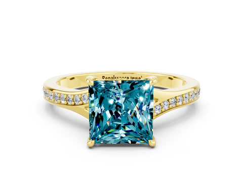 Yellow gold Princess Cut Blue Topaz Solitaire Ring with Pavé Band and Prong Setting_12
