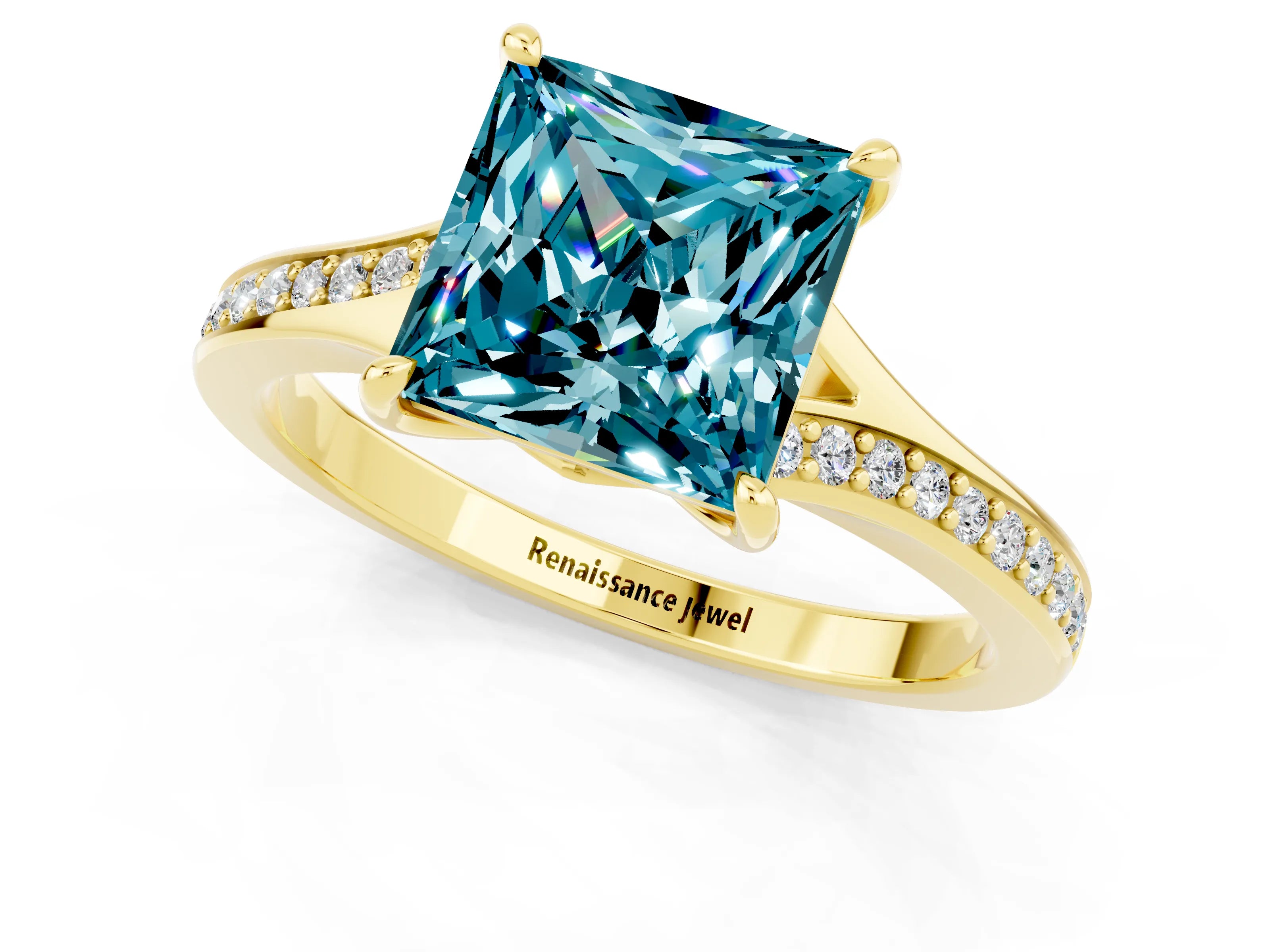 Yellow gold Princess Cut Blue Topaz Solitaire Ring with Pavé Band and Prong Setting_13