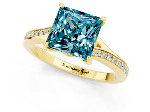 Yellow gold Princess Cut Blue Topaz Solitaire Ring with Pavé Band and Prong Setting_13