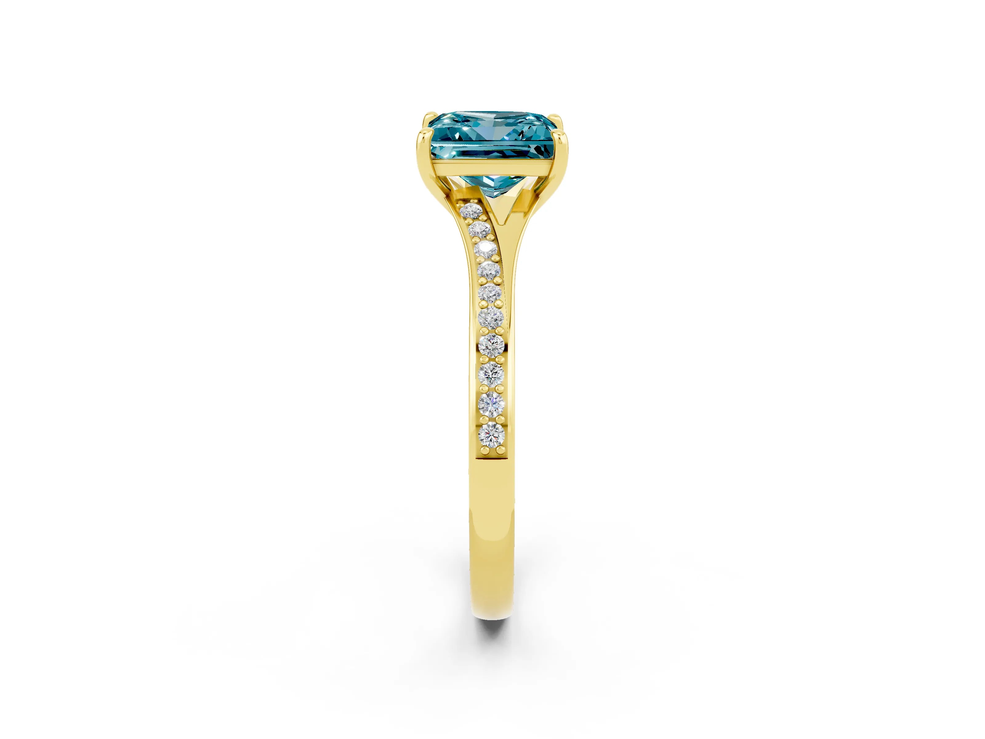 Yellow gold Princess Cut Blue Topaz Solitaire Ring with Pavé Band and Prong Setting_14