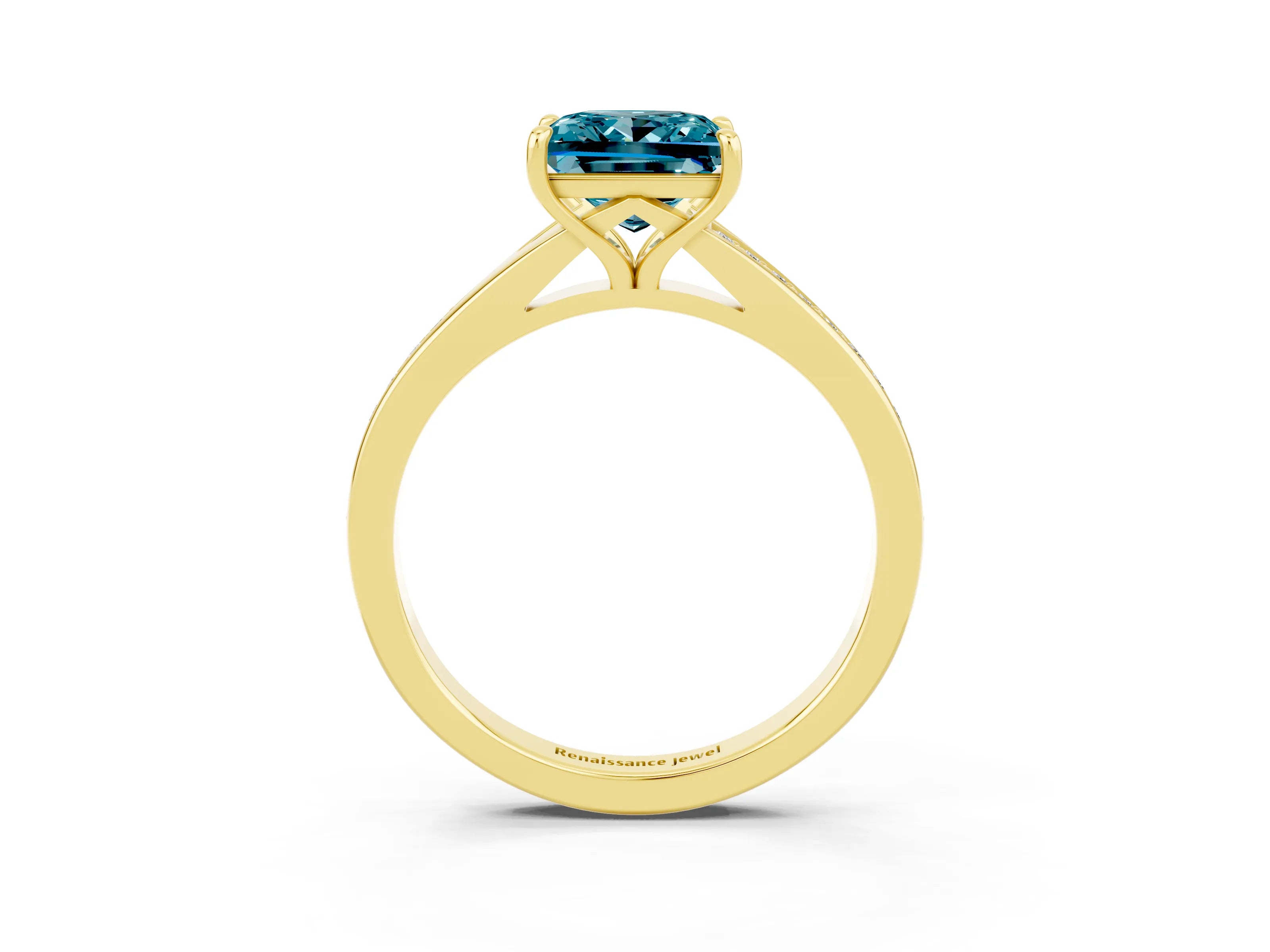 Yellow gold Princess Cut Blue Topaz Solitaire Ring with Pavé Band and Prong Setting_15