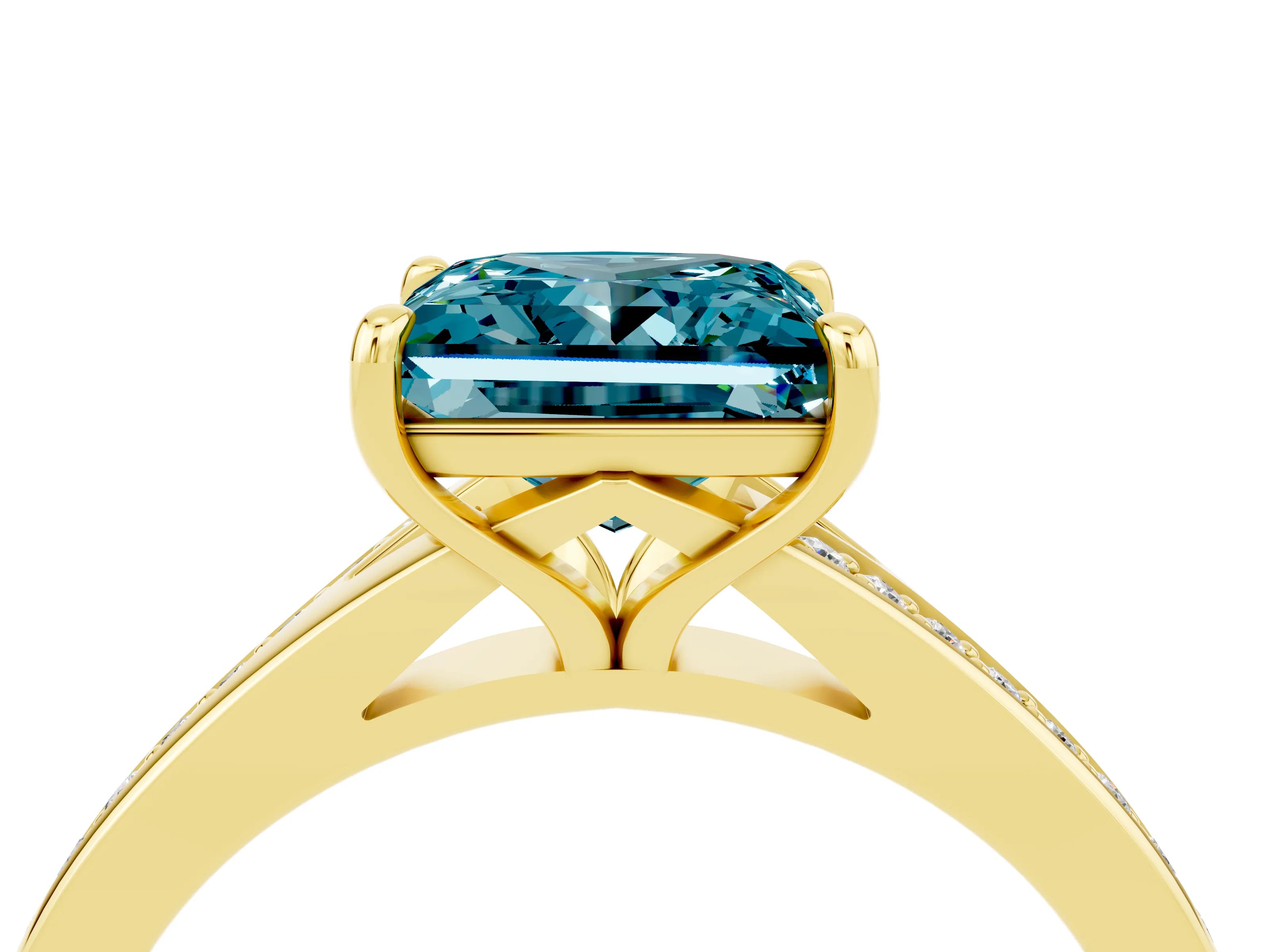 Yellow gold Princess Cut Blue Topaz Solitaire Ring with Pavé Band and Prong Setting_16
