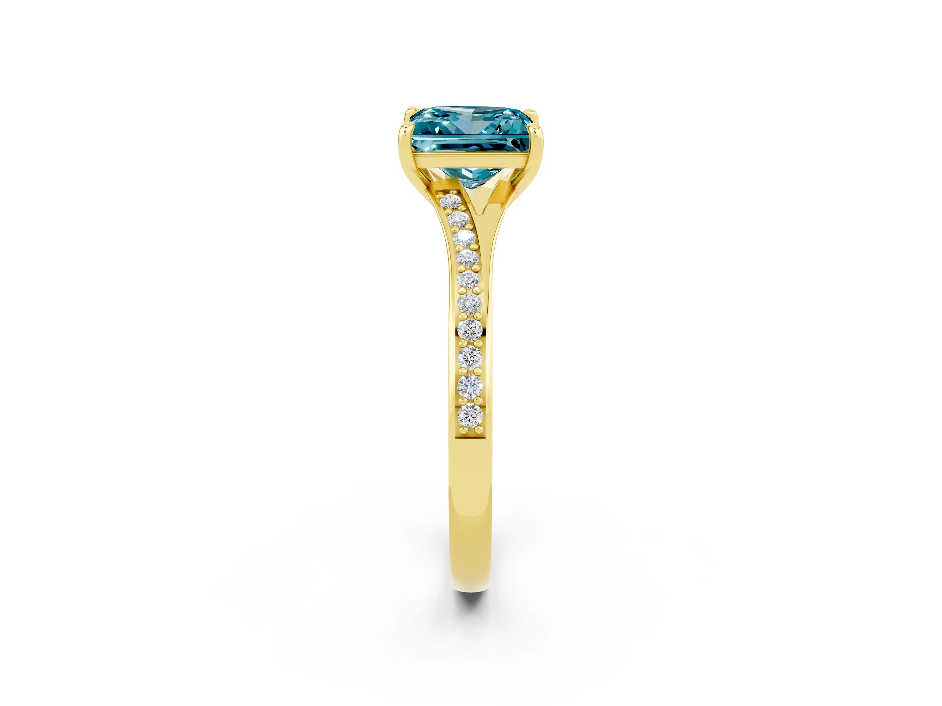 Yellow gold Princess Cut Blue Topaz Solitaire Ring with Pavé Band and Prong Setting_2