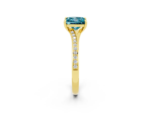 Yellow gold Princess Cut Blue Topaz Solitaire Ring with Pavé Band and Prong Setting