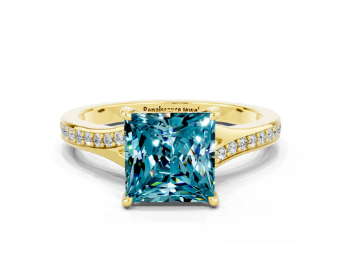 Yellow gold Princess Cut Blue Topaz Solitaire Ring with Pavé Band and Prong Setting