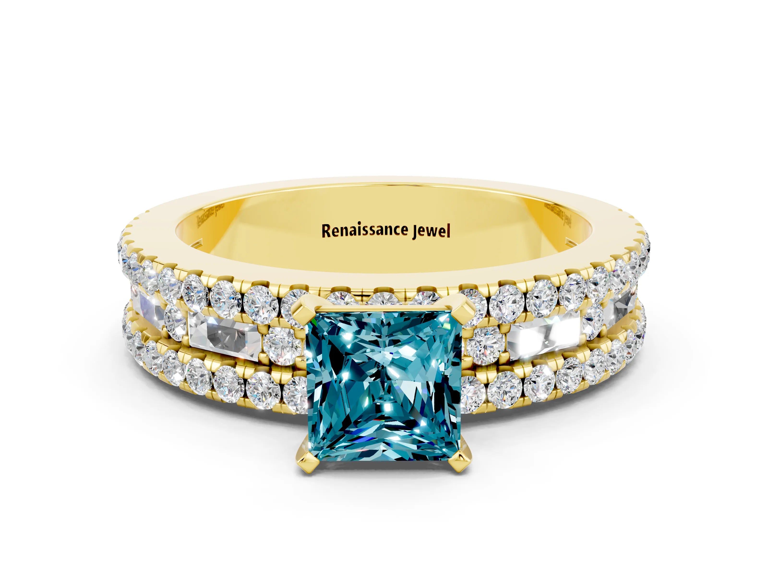 Yellow gold Princess Cut Blue Topaz Solitaire Ring with Pavé and Channel Set Band