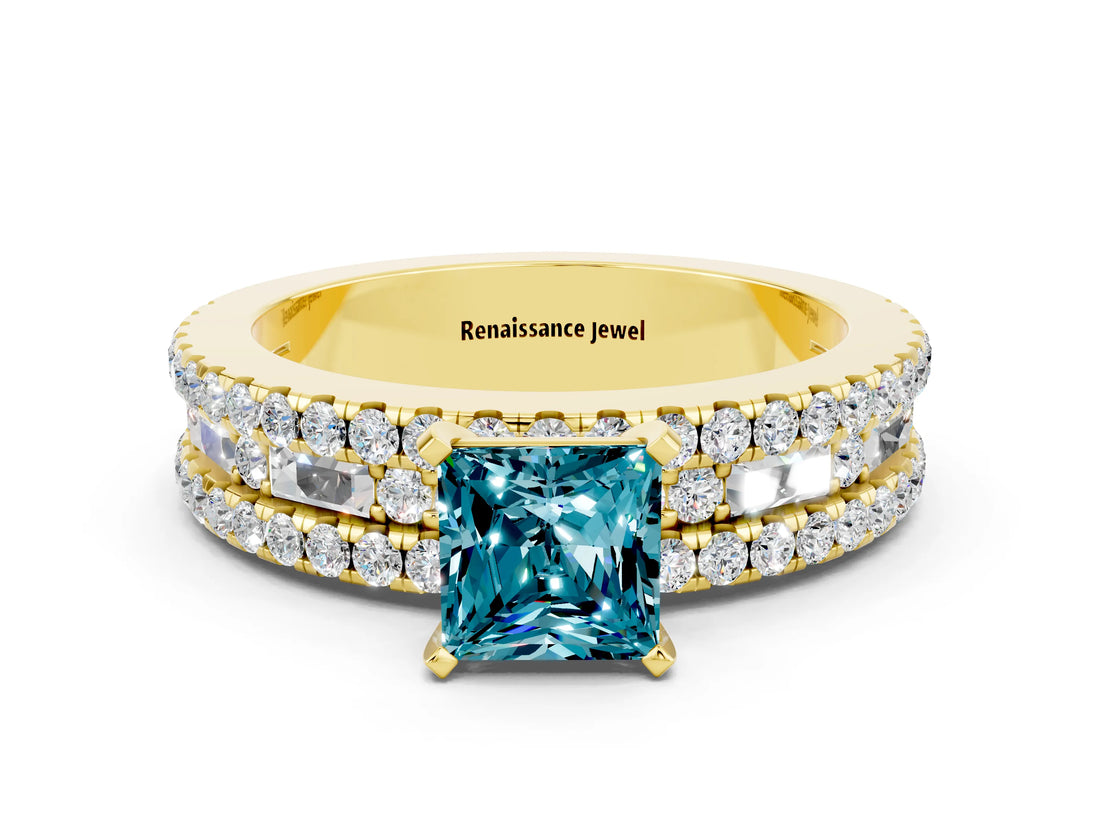 Yellow gold Princess Cut Blue Topaz Solitaire Ring with Pavé and Channel Set Band