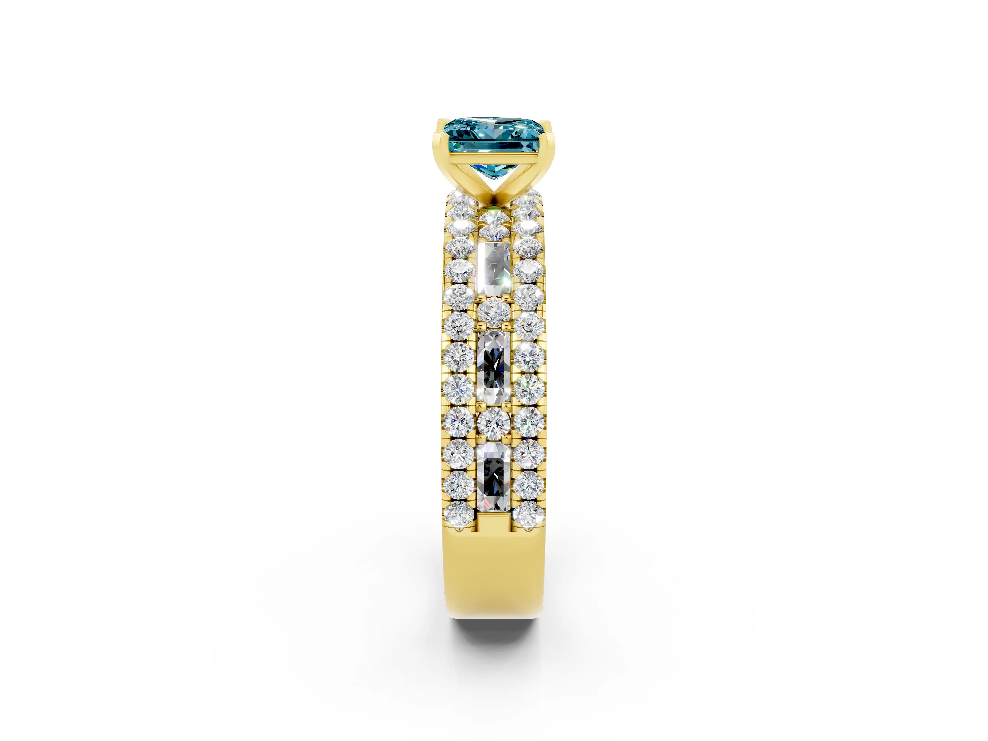 Yellow gold Princess Cut Blue Topaz Solitaire Ring with Pavé and Channel Set Band_2