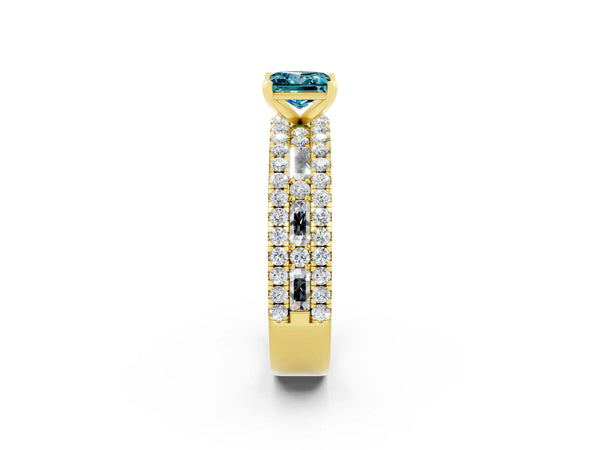 Yellow gold Princess Cut Blue Topaz Solitaire Ring with Pavé and Channel Set Band