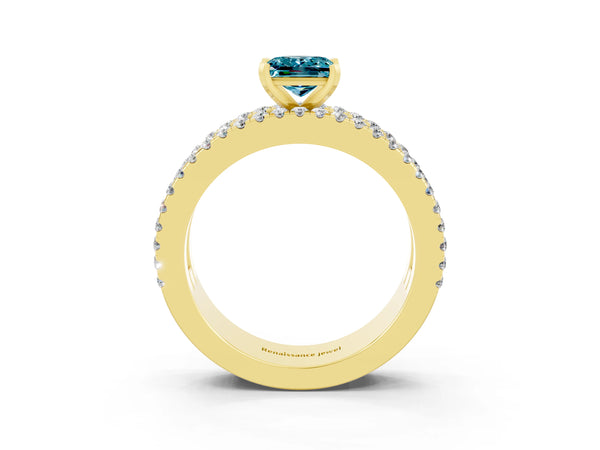 Yellow gold Princess Cut Blue Topaz Solitaire Ring with Pavé and Channel Set Band